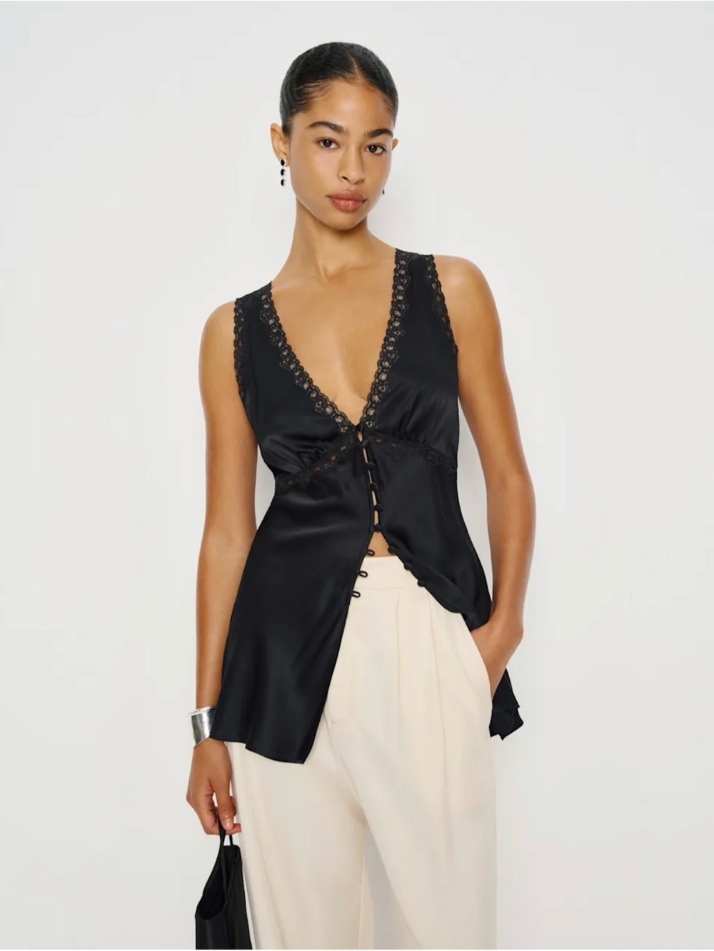 REFORMATION Addie Silk Top in Black 2